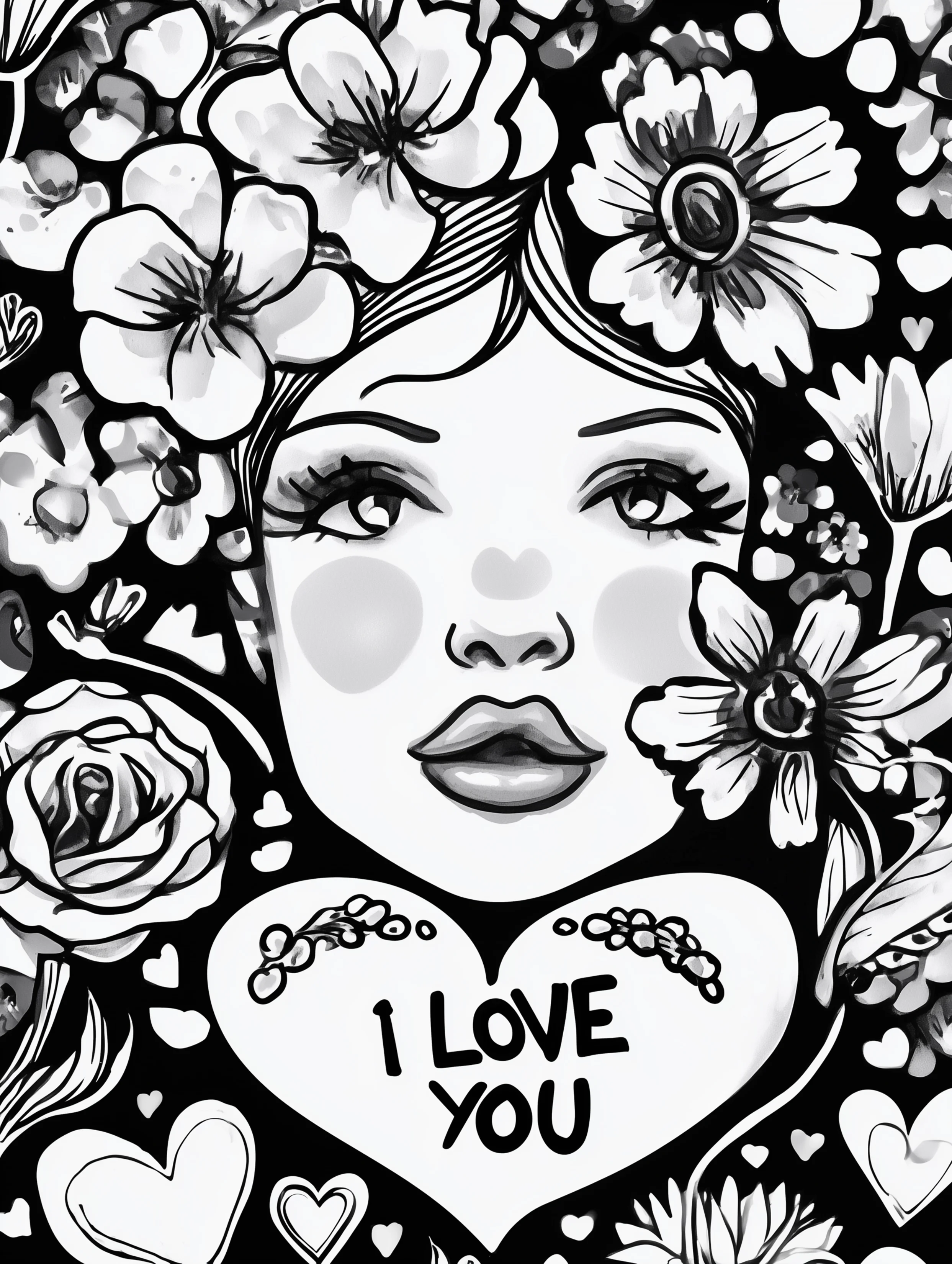Free printable coloring page for your mom featuring floral head decor with an i love you mom message